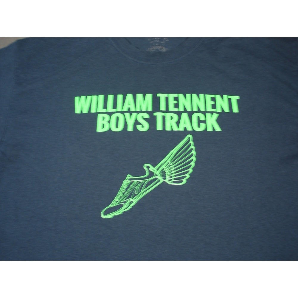William Tennent Boys‎ Track T-Shirt Large Blue Neon Green We Don't Play We Run - Picture 3 of 7
